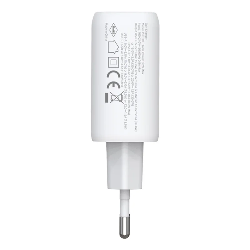 AMORUS PD 30W GAN Adaptador de Carga Rápida USB-A Tipo C de Doble Puerto para Teléfono y Tablet - Enchufe EU
