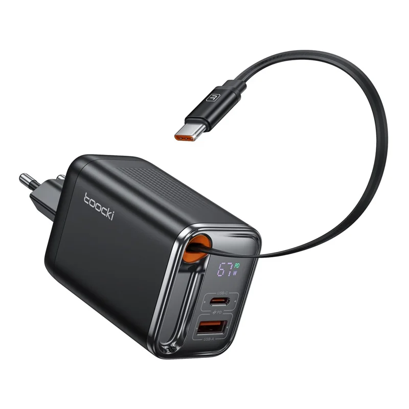 Carregador Rápido TOOCKI TCT67-34B1 de 67W com Display Digital, Portas USB-A e USB-C, e Cabo USB-C Retrátil