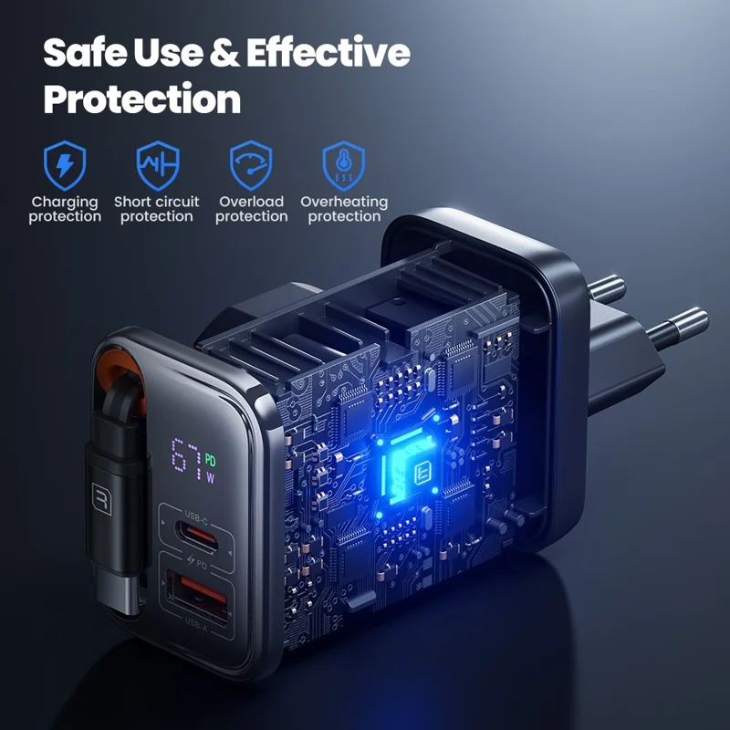 Carregador Rápido TOOCKI TCT67-34B1 de 67W com Display Digital, Portas USB-A e USB-C, e Cabo USB-C Retrátil
