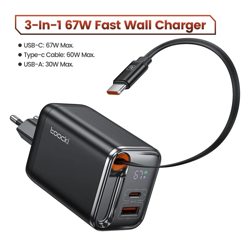 Carregador Rápido TOOCKI TCT67-34B1 de 67W com Display Digital, Portas USB-A e USB-C, e Cabo USB-C Retrátil