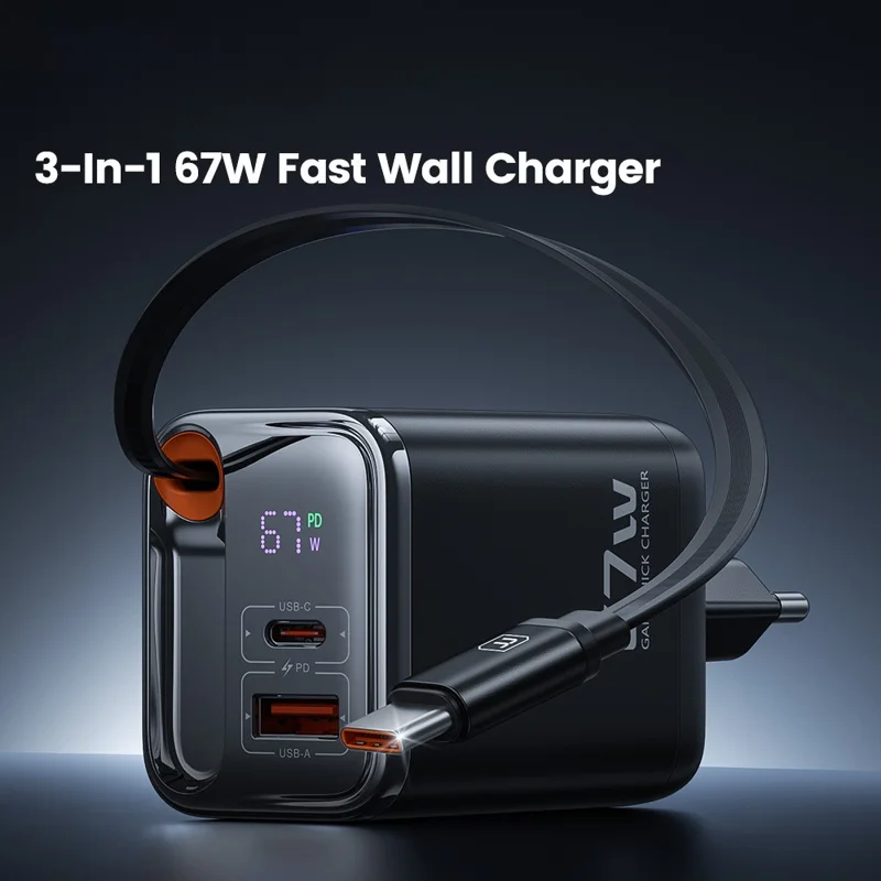 Carregador Rápido TOOCKI TCT67-34B1 de 67W com Display Digital, Portas USB-A e USB-C, e Cabo USB-C Retrátil
