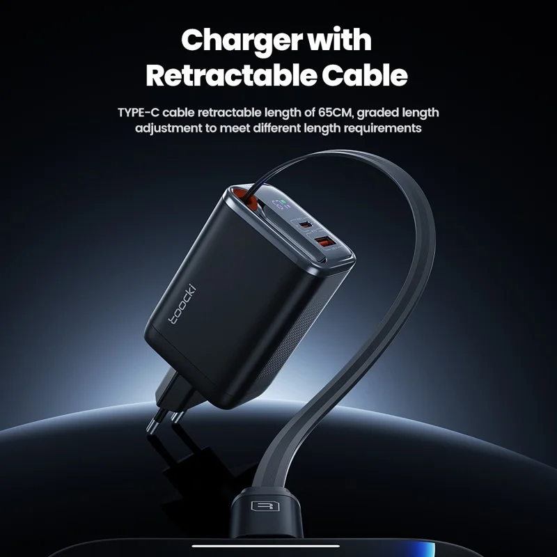 Carregador Rápido TOOCKI TCT67-34B1 de 67W com Display Digital, Portas USB-A e USB-C, e Cabo USB-C Retrátil