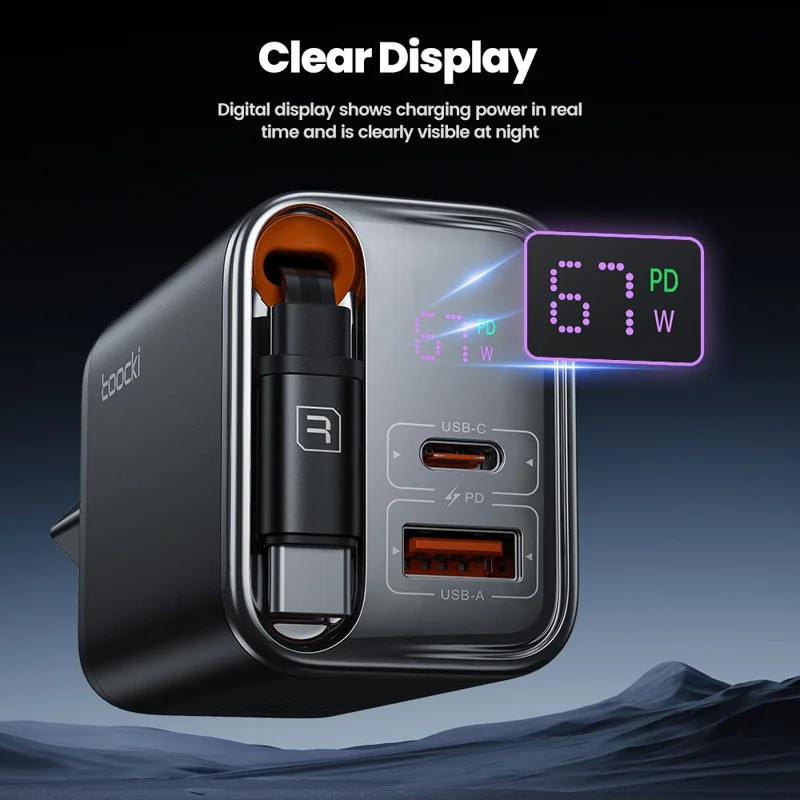 Carregador Rápido TOOCKI TCT67-34B1 de 67W com Display Digital, Portas USB-A e USB-C, e Cabo USB-C Retrátil