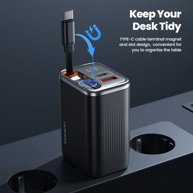 Carregador Rápido TOOCKI TCT67-34B1 de 67W com Display Digital, Portas USB-A e USB-C, e Cabo USB-C Retrátil