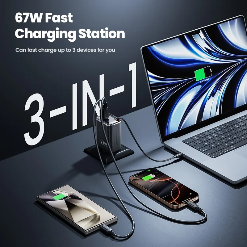 Carregador Rápido TOOCKI TCT67-34B1 de 67W com Display Digital, Portas USB-A e USB-C, e Cabo USB-C Retrátil