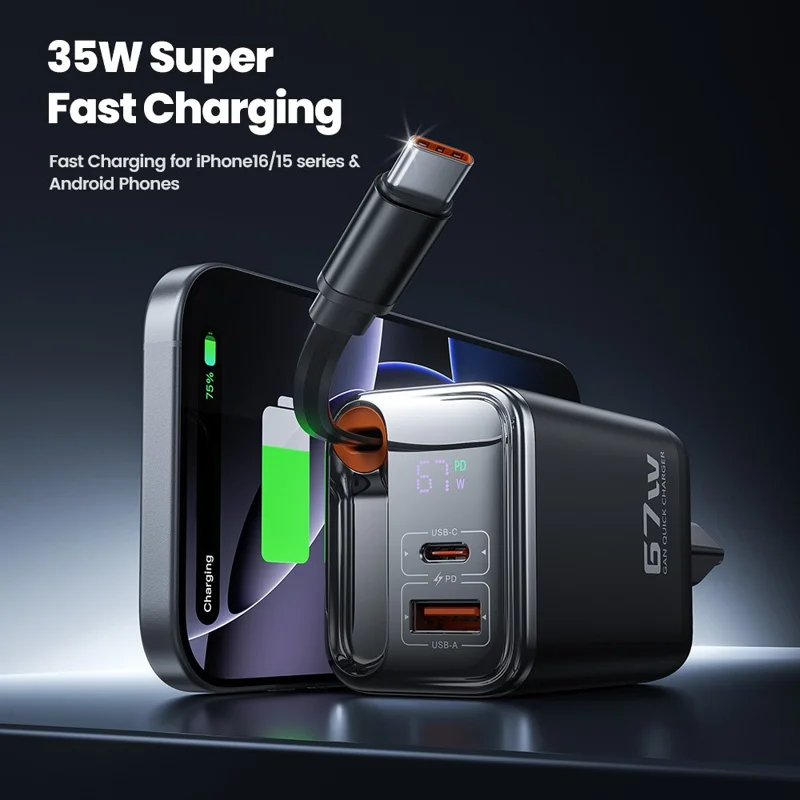 Carregador Rápido TOOCKI TCT67-34B1 de 67W com Display Digital, Portas USB-A e USB-C, e Cabo USB-C Retrátil
