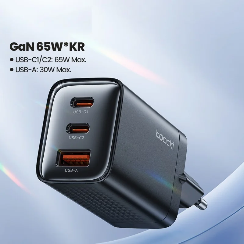 TOOCKI TCT65 65W Wall Charger 2C1A Fast Charging Multi Port USB C Power Adapter - Black  /  EU Plug