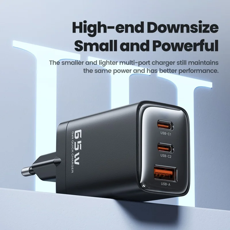 TOOCKI TCT65 65W Wall Charger 2C1A Fast Charging Multi Port USB C Power Adapter - Black  /  EU Plug