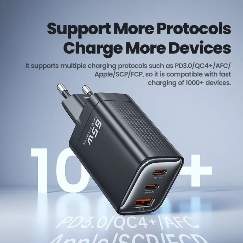 TOOCKI TCT65 65W Wall Charger 2C1A Fast Charging Multi Port USB C Power Adapter - Black  /  EU Plug
