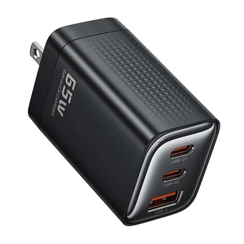 TOOCKI TCT65 65W Wall Charger 2C1A Fast Charging Multi Port USB C Power Adapter - Black  /  US Plug