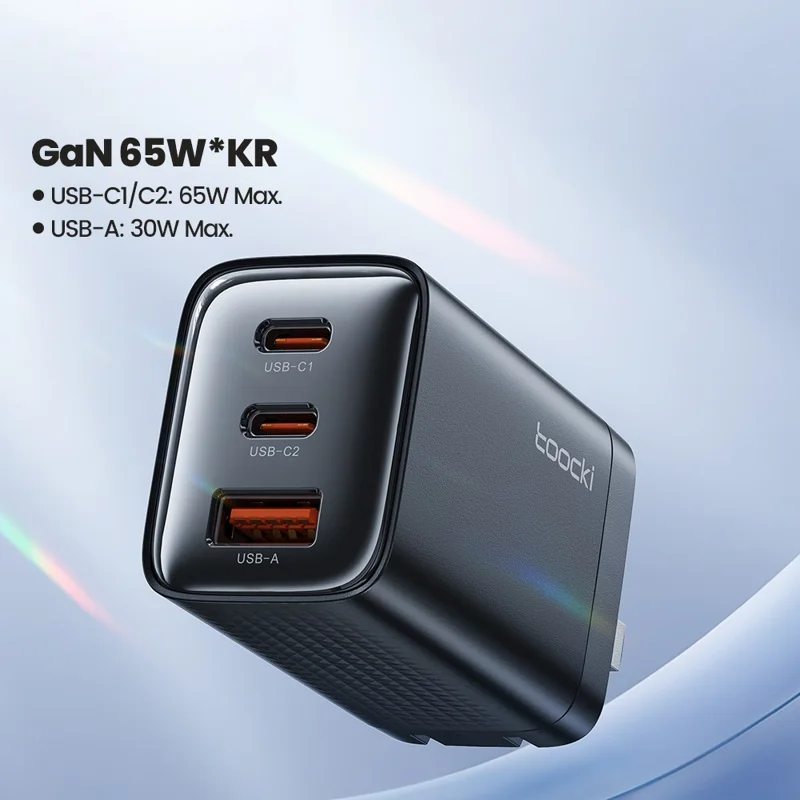 TOOCKI TCT65 65W Wall Charger 2C1A Fast Charging Multi Port USB C Power Adapter - Black  /  US Plug