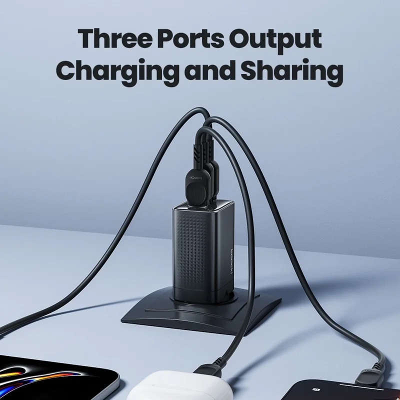 TOOCKI TCT65 65W Wall Charger 2C1A Fast Charging Multi Port USB C Power Adapter - Black  /  US Plug
