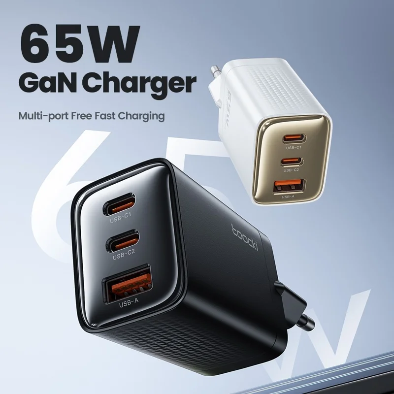 TOOCKI TCT65 65W Wall Charger 2C1A Fast Charging Multi Port USB C Power Adapter - Black  /  US Plug