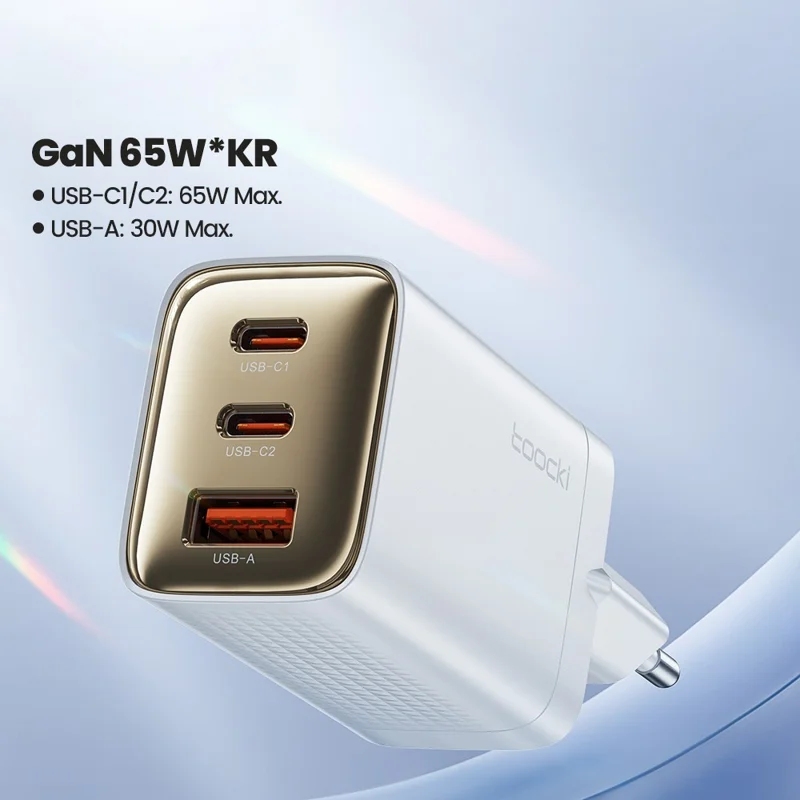 TOOCKI TCT65 شاحن حائط 65 واط 2C1A شاحن سريع متعدد المنافذ محول طاقة يو إس بي - أبيض / قابس الاتحاد الأوروبي