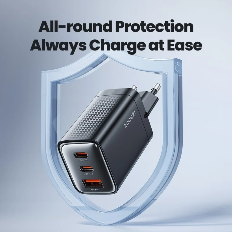 TOOCKI TCT65 شاحن حائط 65 واط 2C1A شاحن سريع متعدد المنافذ محول طاقة يو إس بي - أبيض / قابس الاتحاد الأوروبي