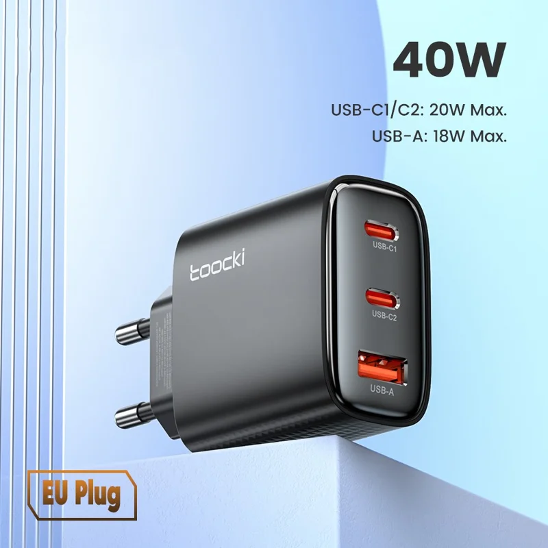 Carregador de Parede TOOCKI TCT40 40W 2C1A Carregamento Rápido Adaptador de Energia USB Multi-Porta - Preto / Plug EU