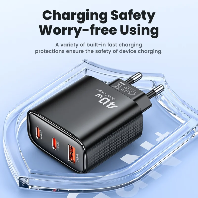 Carregador de Parede TOOCKI TCT40 40W 2C1A Carregamento Rápido Adaptador de Energia USB Multi-Porta - Preto / Plug EU