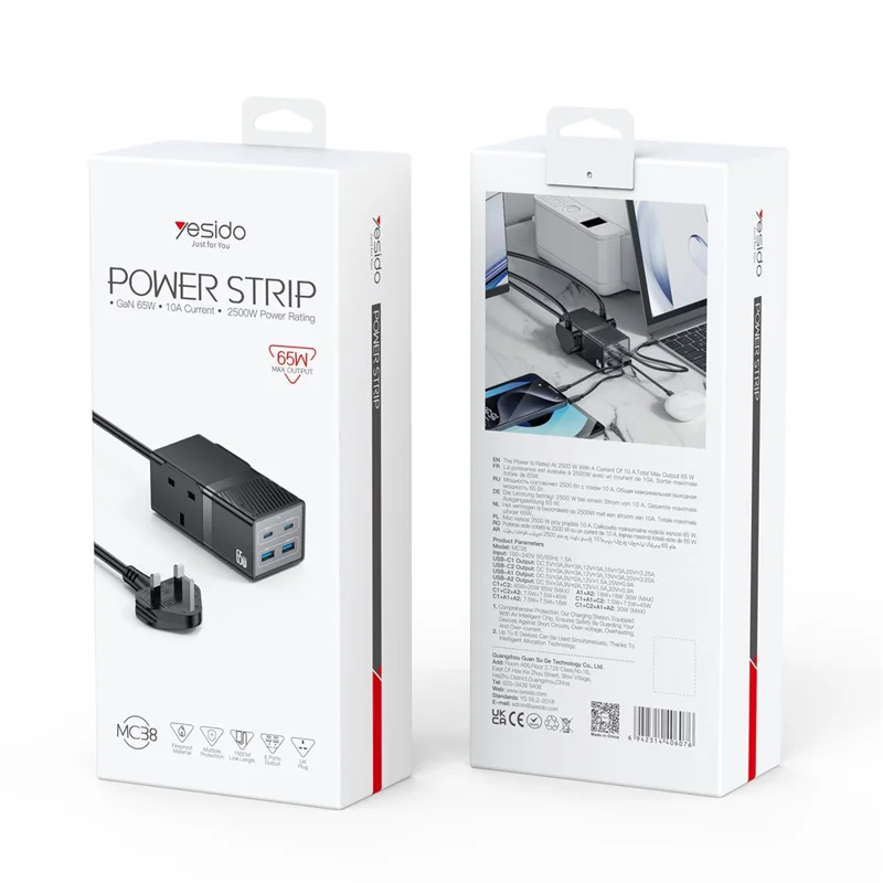 YESIDO MC38 65W Station de charge multiappareils GaN avec ports USB-C et USB-A - Prise britannique
