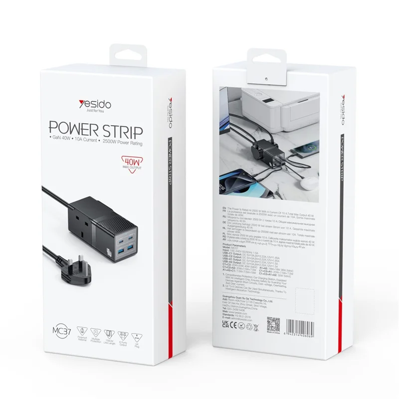 YESIDO MC37 Multiprise 40W Compatible Multi-Appareils avec Ports USB-C et USB-A Station de Charge Intelligente - Prise Britannique