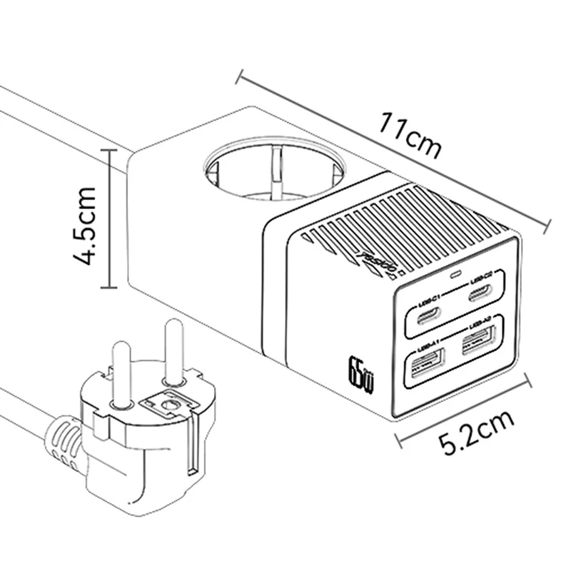 Station de charge YESIDO MC36 GaN USB-C USB-A 65W avec multiprise de charge rapide - Prise EU