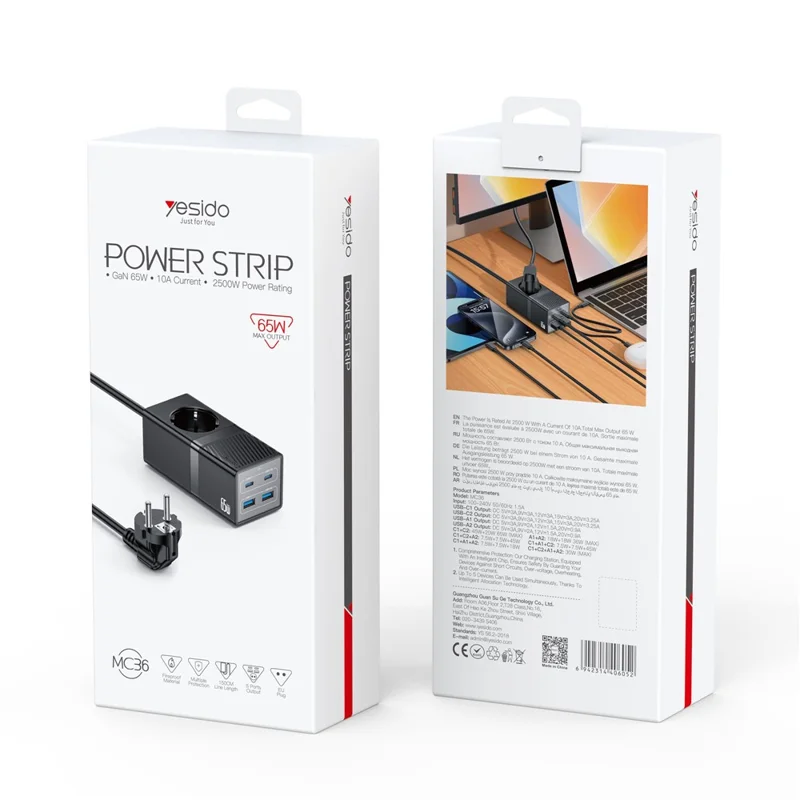 Station de charge YESIDO MC36 GaN USB-C USB-A 65W avec multiprise de charge rapide - Prise EU