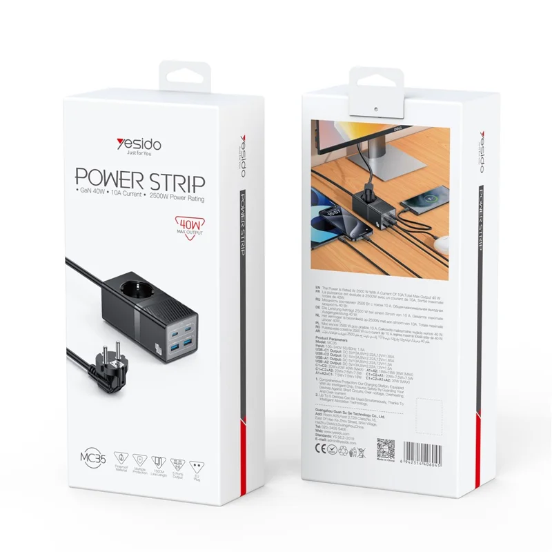 Station de charge rapide de bureau YESIDO MC35 40W GaN avec ports USB-C et USB-A - Prise EU