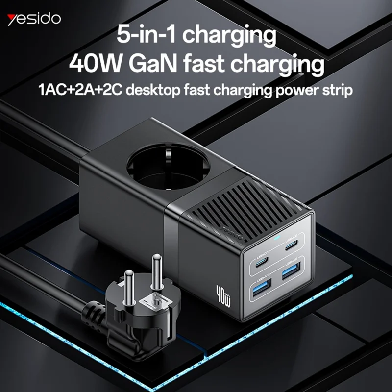 Station de charge rapide de bureau YESIDO MC35 40W GaN avec ports USB-C et USB-A - Prise EU