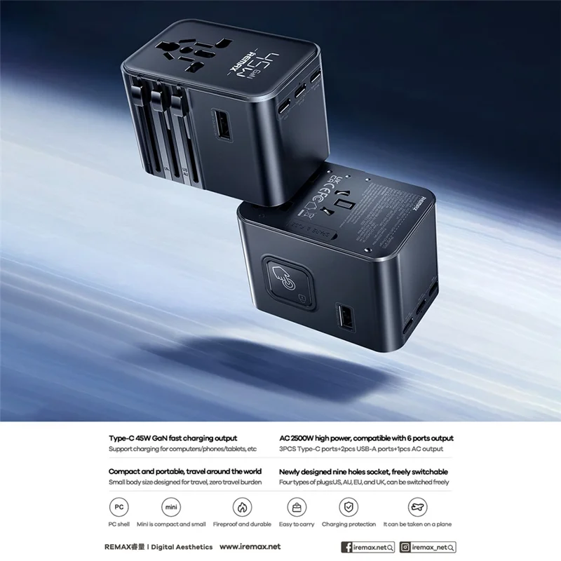 REMAX CM06 Explorer Многофункциональное зарядное устройство 3 Type C + 1 USB + 1 сетевой адаптер 45 Вт быстрой зарядки GaN для путешествий