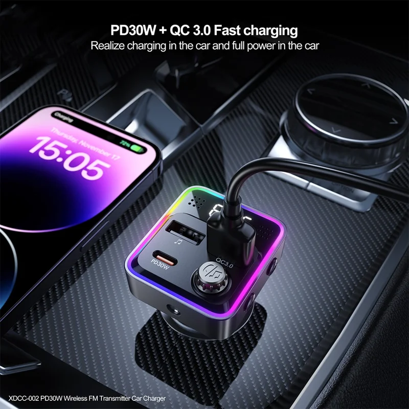 XUNDD XDCC-002 Auto-FM-Transmitter PD 30W Typ-C Dual-USB-Ports Ladegerät Freisprecheinrichtung Adapter