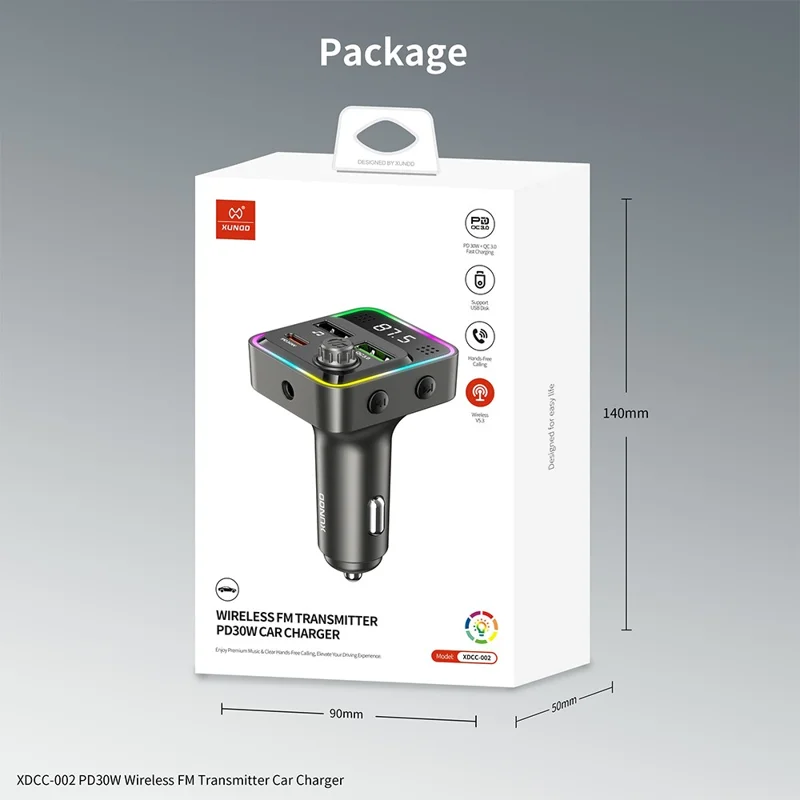 XUNDD XDCC-002 Auto-FM-Transmitter PD 30W Typ-C Dual-USB-Ports Ladegerät Freisprecheinrichtung Adapter