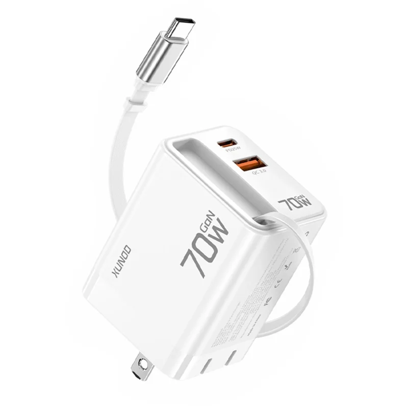 XUNDD XDCH-109 70W GaN Ladegerät Schnellladung Netzteil mit einziehbarem Type-C Kabel - US-Stecker
