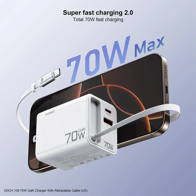 XUNDD XDCH-109 70W GaN Ladegerät Schnellladung Netzteil mit einziehbarem Type-C Kabel - US-Stecker
