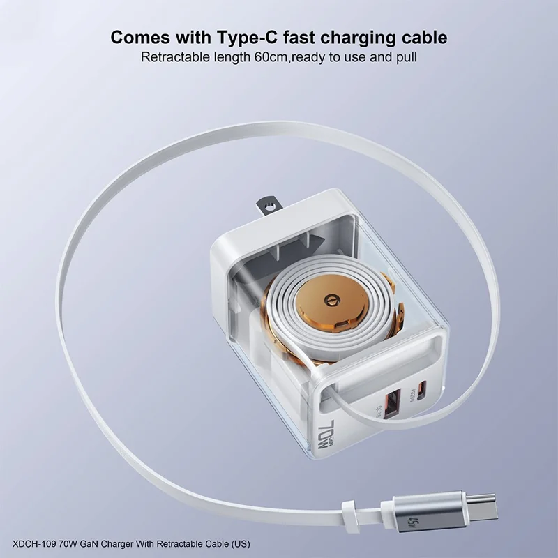 XUNDD XDCH-109 70W GaN Ladegerät Schnellladung Netzteil mit einziehbarem Type-C Kabel - US-Stecker