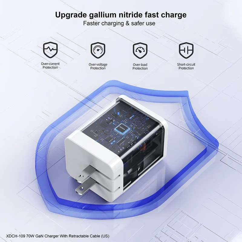 XUNDD XDCH-109 70W GaN Ladegerät Schnellladung Netzteil mit einziehbarem Type-C Kabel - US-Stecker