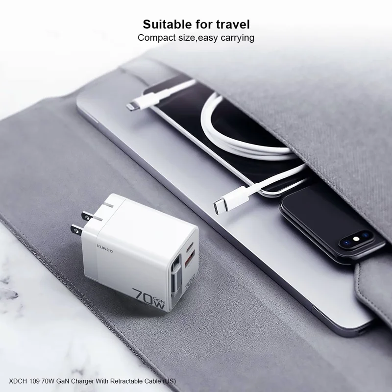 XUNDD XDCH-109 70W GaN Ladegerät Schnellladung Netzteil mit einziehbarem Type-C Kabel - US-Stecker