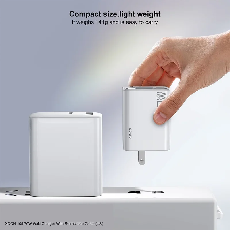 XUNDD XDCH-109 70W GaN Ladegerät Schnellladung Netzteil mit einziehbarem Type-C Kabel - US-Stecker