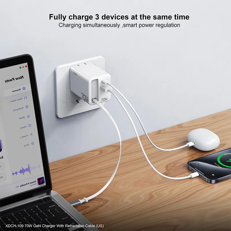 XUNDD XDCH-109 70W GaN Ladegerät Schnellladung Netzteil mit einziehbarem Type-C Kabel - US-Stecker