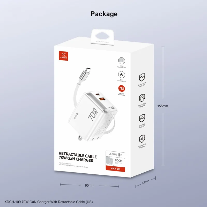 XUNDD XDCH-109 70W GaN Ladegerät Schnellladung Netzteil mit einziehbarem Type-C Kabel - US-Stecker
