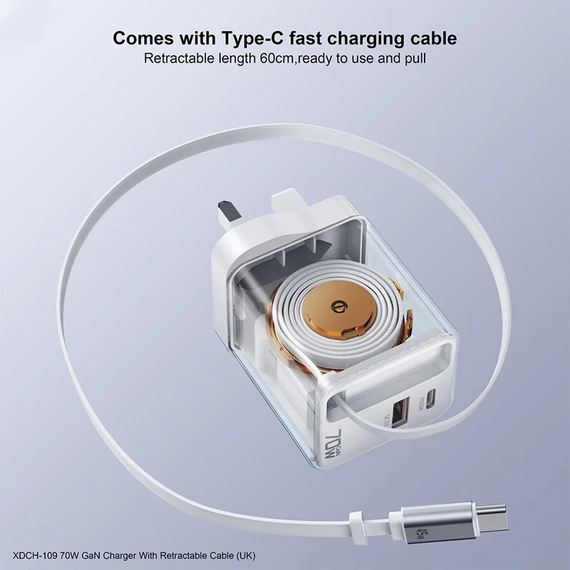Carregador XUNDD XDCH-109 70W GaN com Cabo Tipo-C Retrátil - Plugue Reino Unido