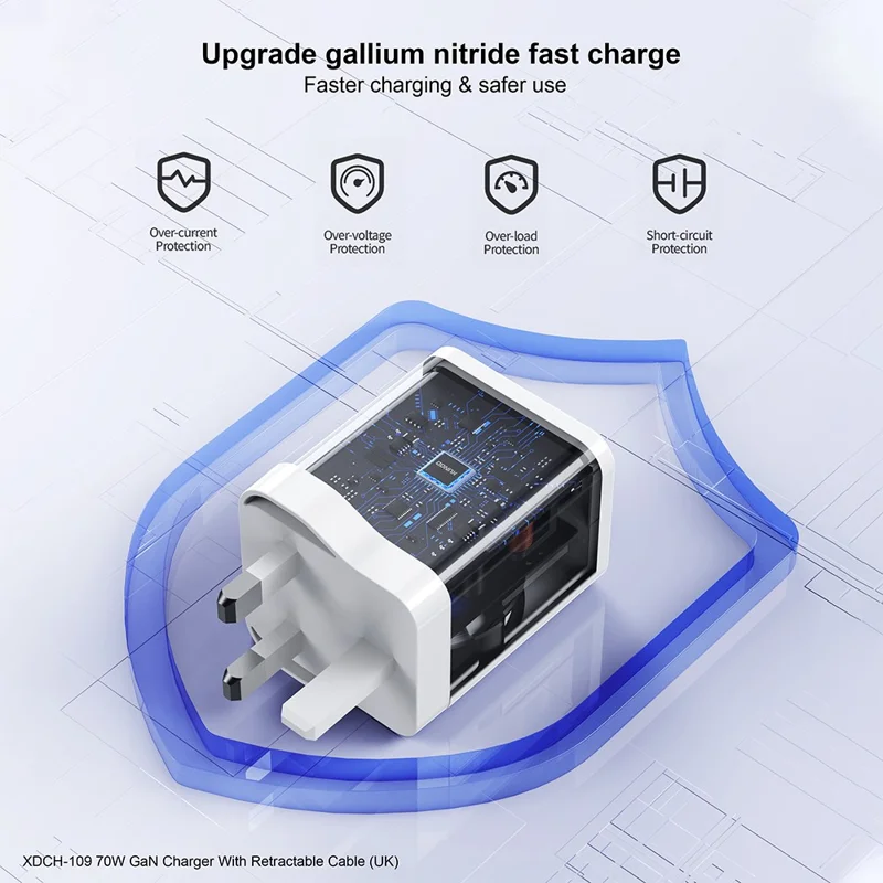 Carregador XUNDD XDCH-109 70W GaN com Cabo Tipo-C Retrátil - Plugue Reino Unido