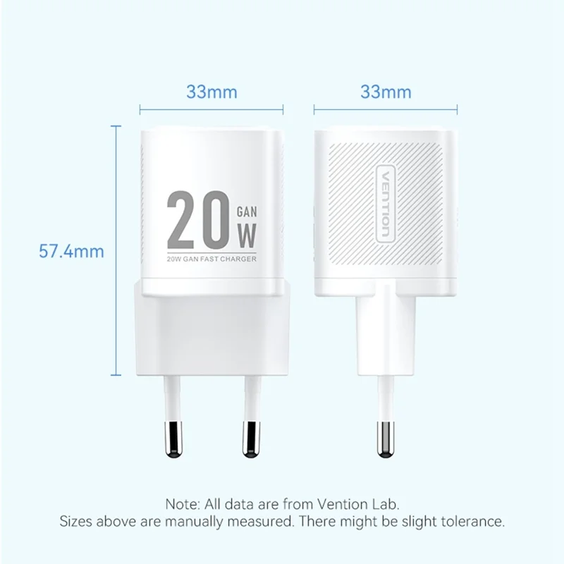 VENTION FEP Series EU Plug 20W Fast Charging GaN Wall Charger Portable USB Power Adapter - White