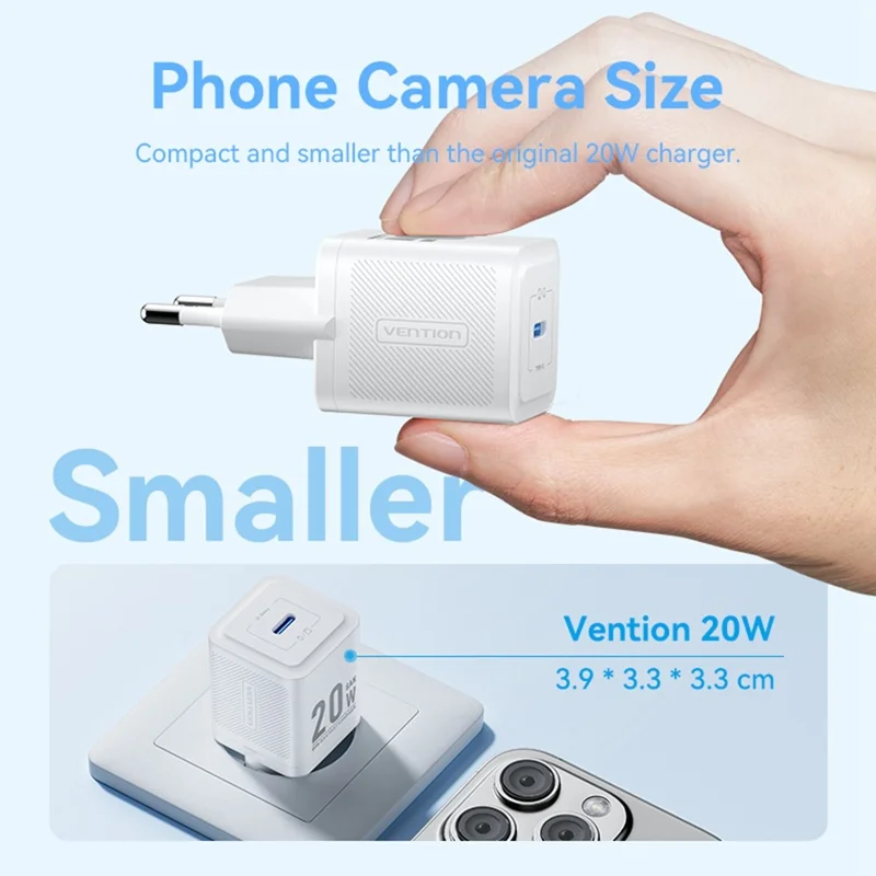 VENTION FEP Series EU Plug 20W Fast Charging GaN Wall Charger Portable USB Power Adapter - White