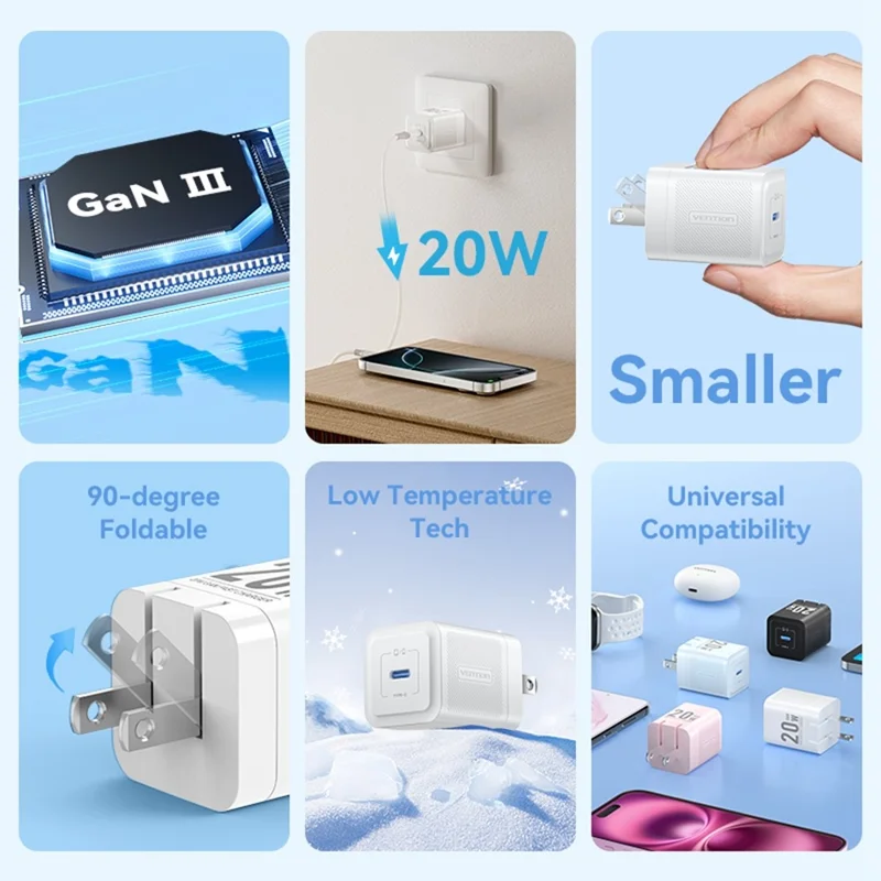 VENTION FEP Series US Plug 20W Fast Charging GaN Wall Charger Portable USB Power Adapter - White