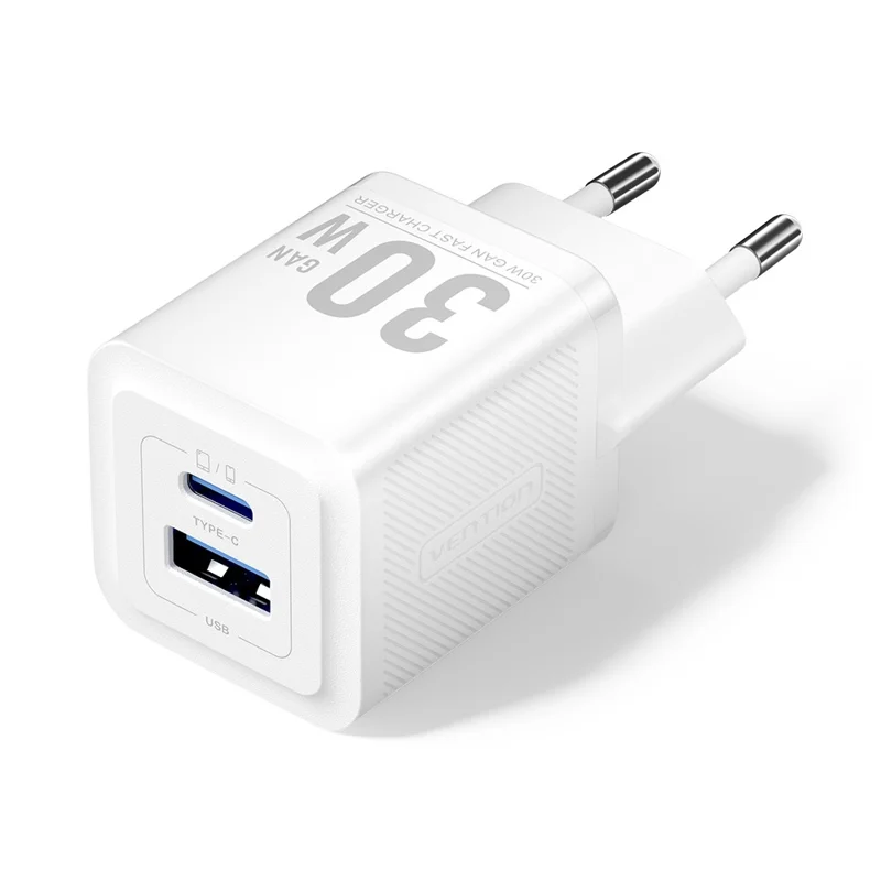 VENTION FEQ Series GaN Charger USB A + USB C Dual Ports 30W Fast Charging Adapter, EU Plug - White