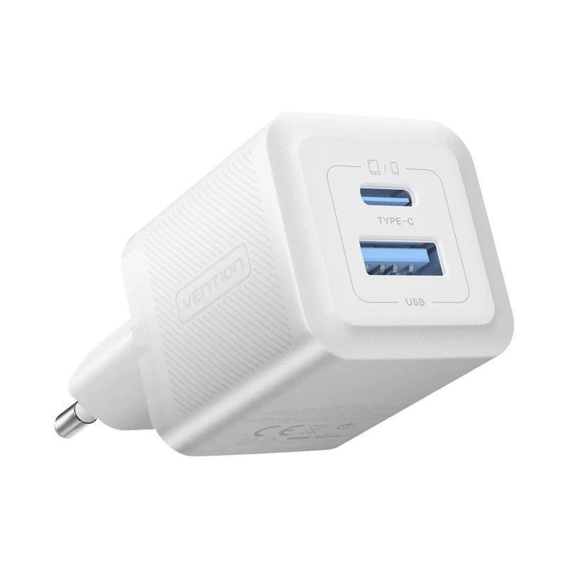 VENTION FEQ Series GaN Charger USB A + USB C Dual Ports 30W Fast Charging Adapter, EU Plug - White