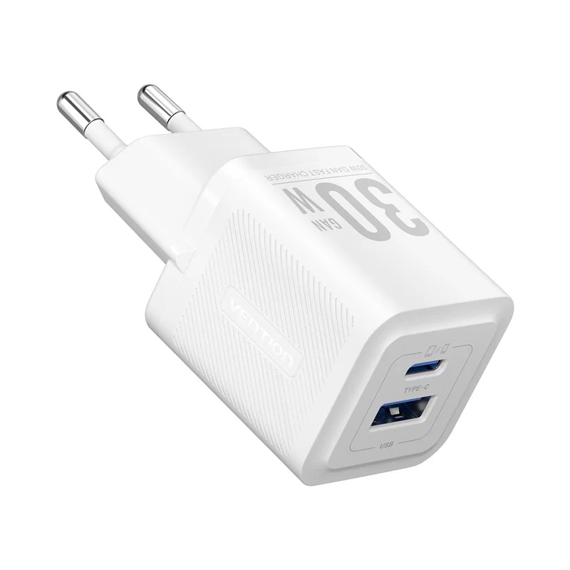 VENTION FEQ Series GaN Charger USB A + USB C Dual Ports 30W Fast Charging Adapter, EU Plug - White
