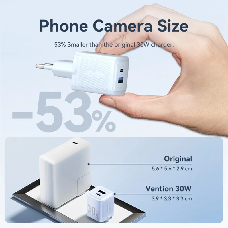 VENTION FEQ Series GaN Charger USB A + USB C Dual Ports 30W Fast Charging Adapter, EU Plug - White
