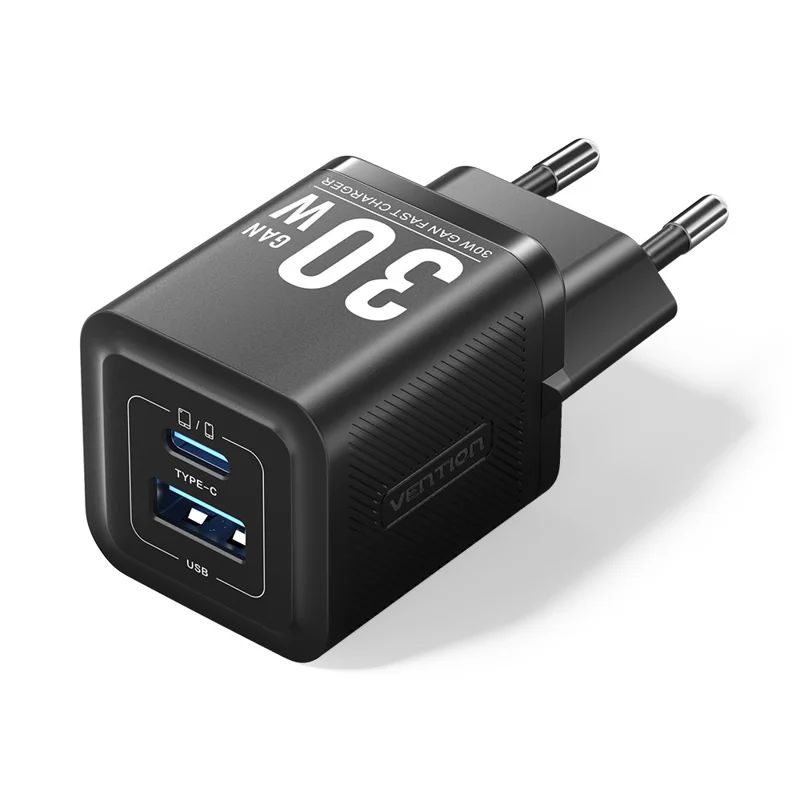 VENTION FEQ Series GaN Charger USB A + USB C Dual Ports 30W Fast Charging Adapter, EU Plug - Black