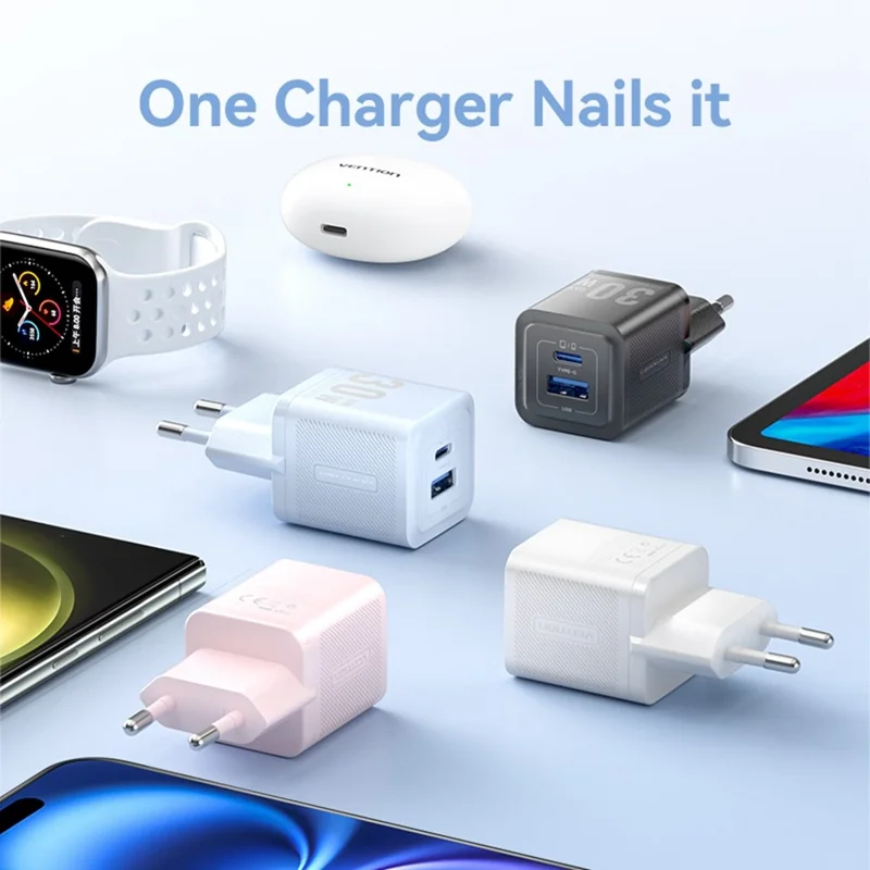 VENTION FEQ Series GaN Charger USB A + USB C Dual Ports 30W Fast Charging Adapter, EU Plug - Black