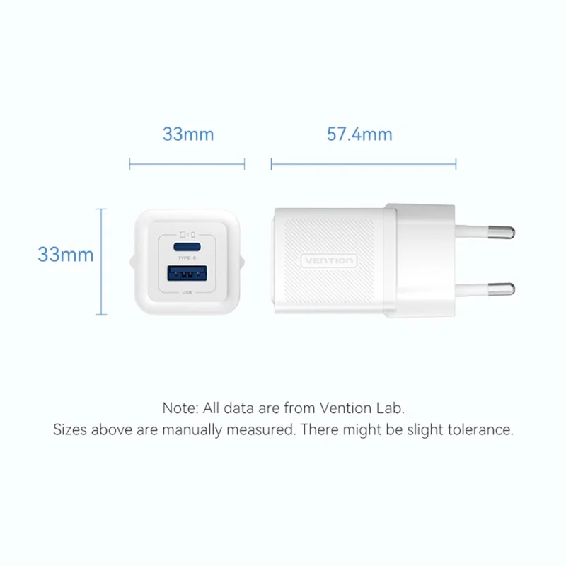VENTION FEQ Series GaN Charger USB A + USB C Dual Ports 30W Fast Charging Adapter, EU Plug - Black